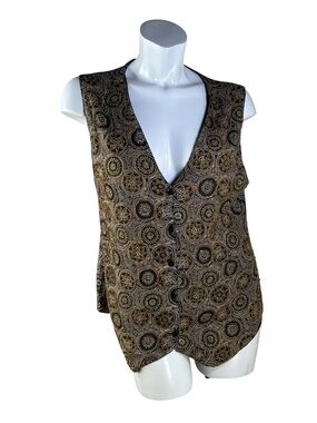 HG NY Vintage Women's Black and Tan with Gold Beads Patterned Vest Size Large